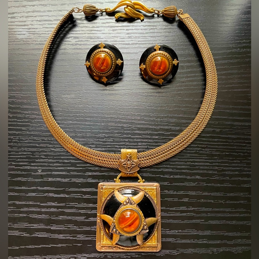 Vintage Designer Patrice Brass Egyptian mesh cat eye necklace earring set